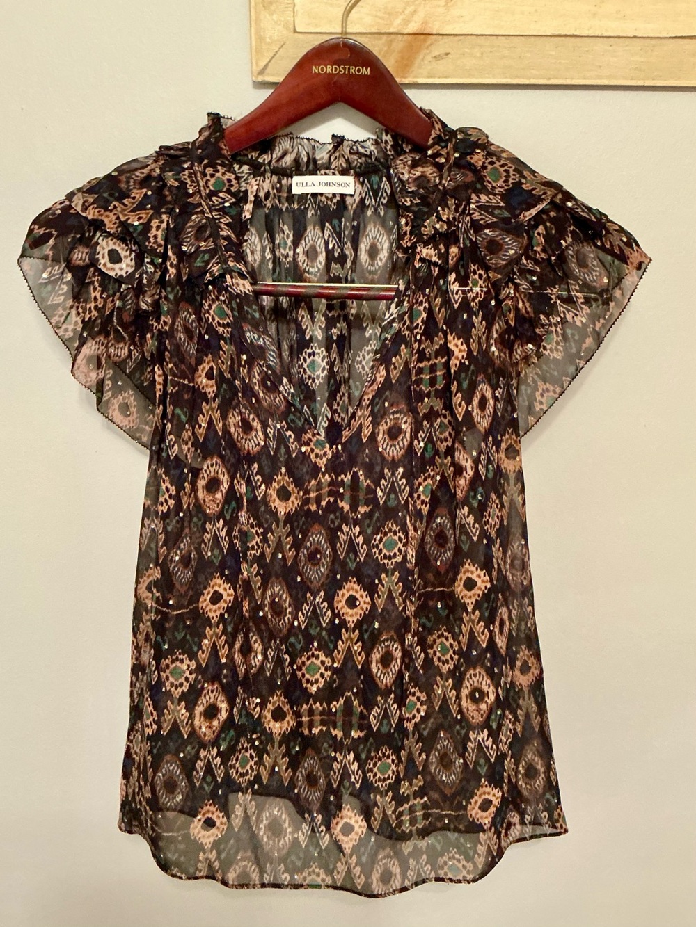 Ulla Johnson Elif Top - Onyx Sheer Silk & Metallic Flutter Sleeve Blouse Size 6 - Picture 3 of 13